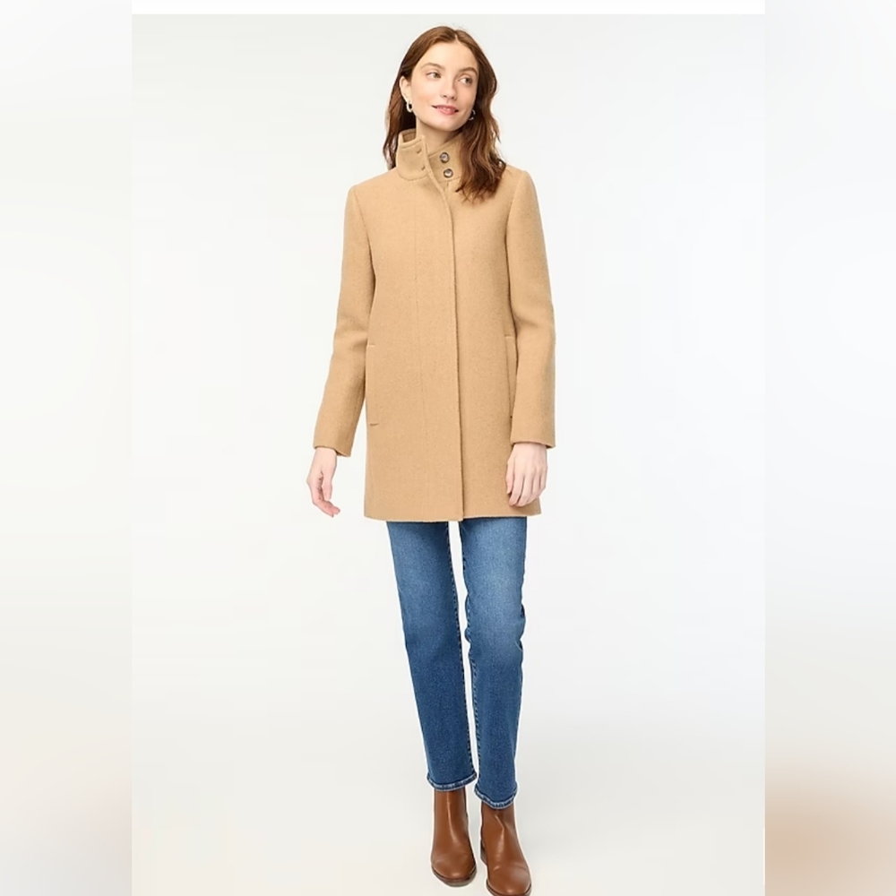 J. Crew Wool Blend City Coat Womens Tan longline zip button-neck